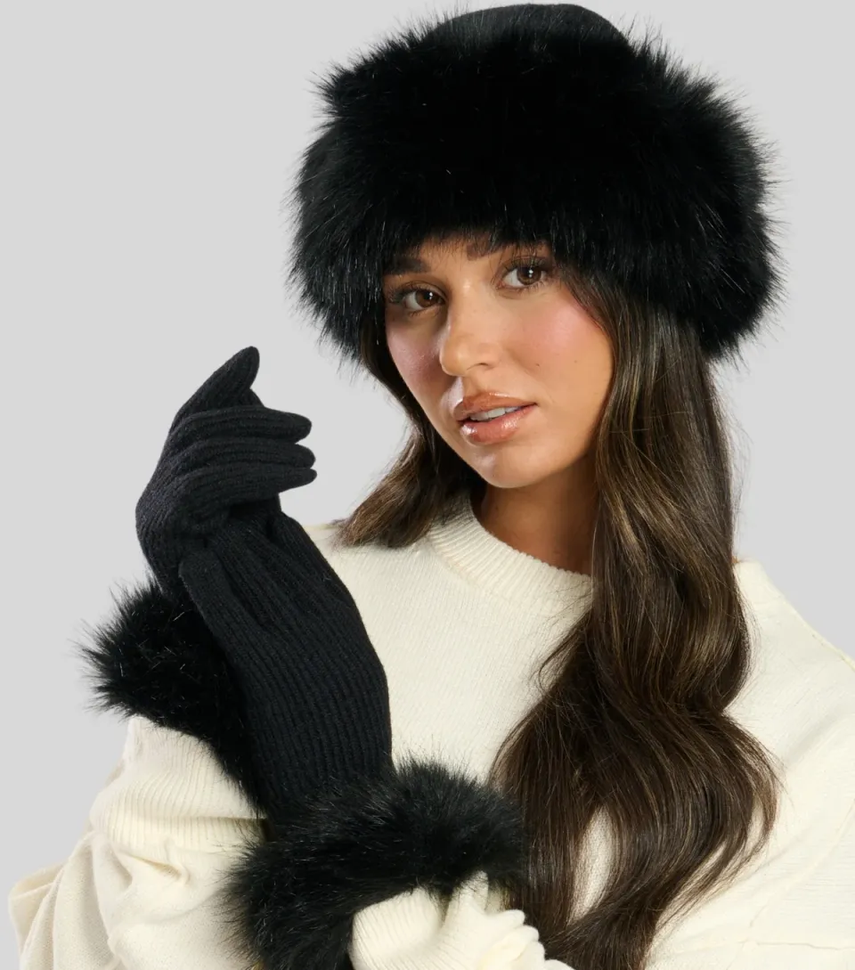 Faux Fur Black Hat And Glove Set