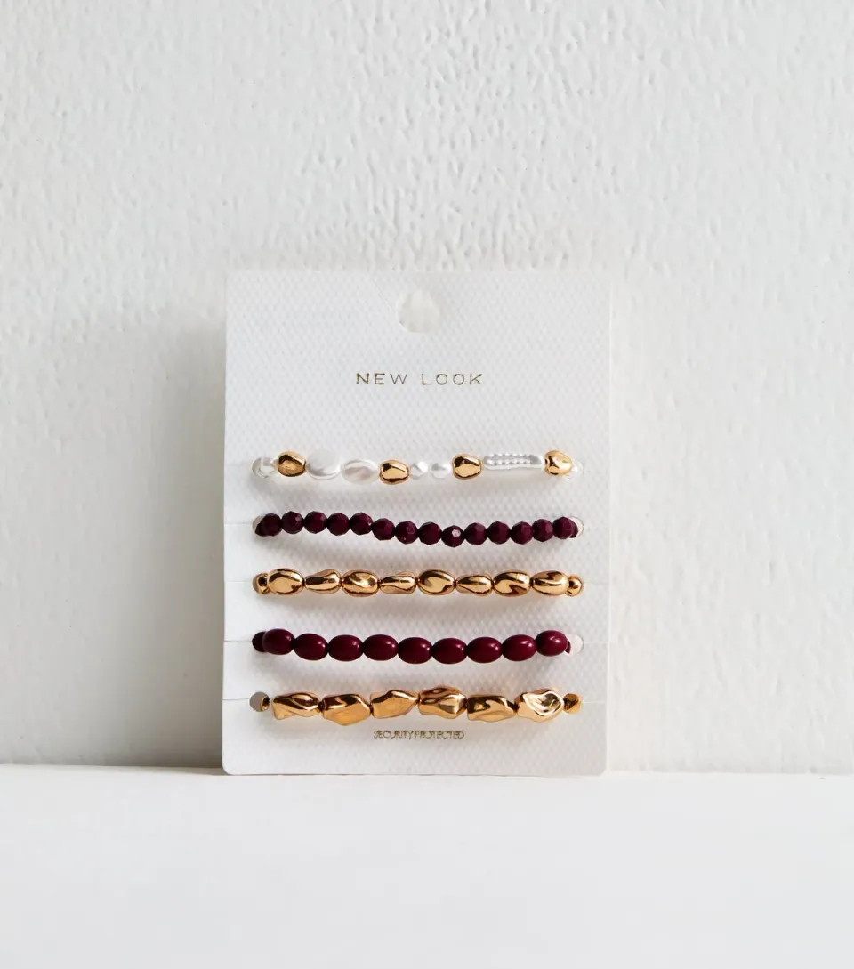 Gold Pack of 5 Faux Pearl Beaded Bracelets