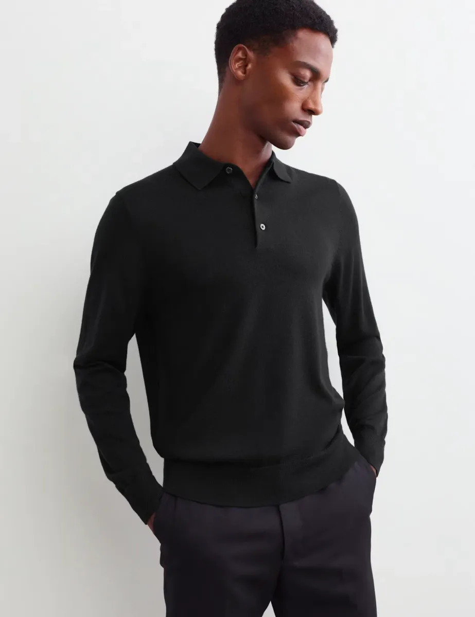 Merino Wool Rich with Silk Polo Shirt Black