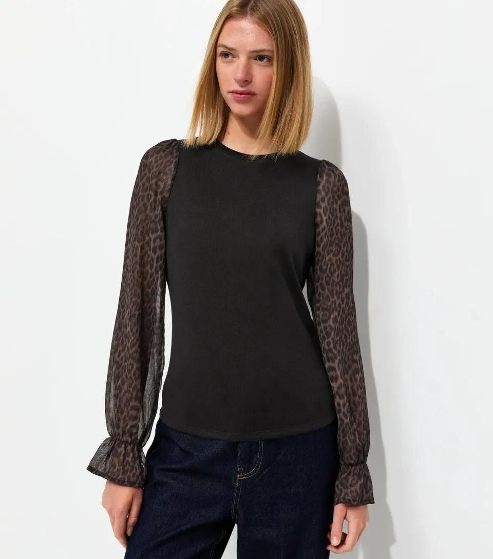 Women's Black Soft Touch Leopard Print 2-In-1 Top