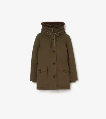 Shearling Trim Gabardine Parka in Juniper green
