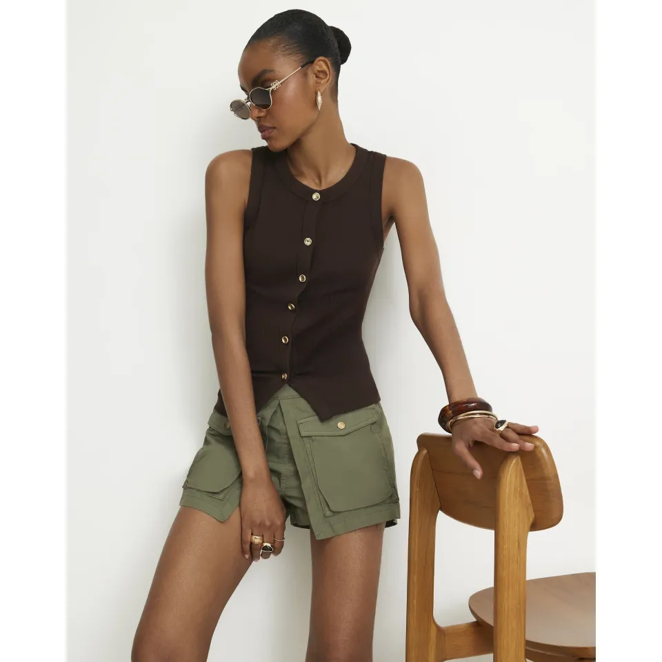 Cotton Blend Gold Button Tank Top