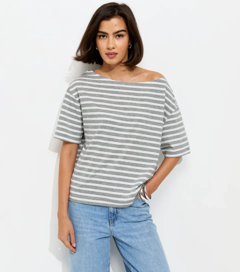 Women's Grey Striped Jersey Off The Shoulder Top