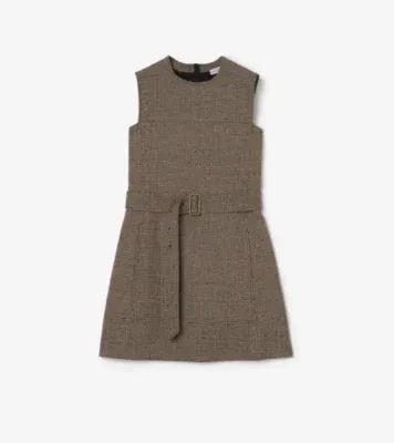 Check Wool Linen Blend Dress in Soap beige/brown