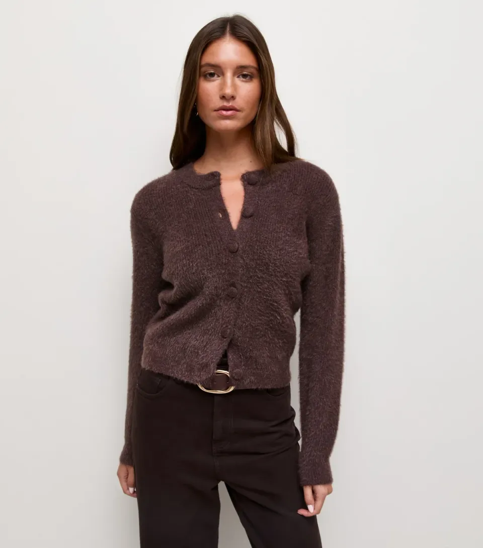 Women's Dark Brown Covered Button Crew Neck Cardigan