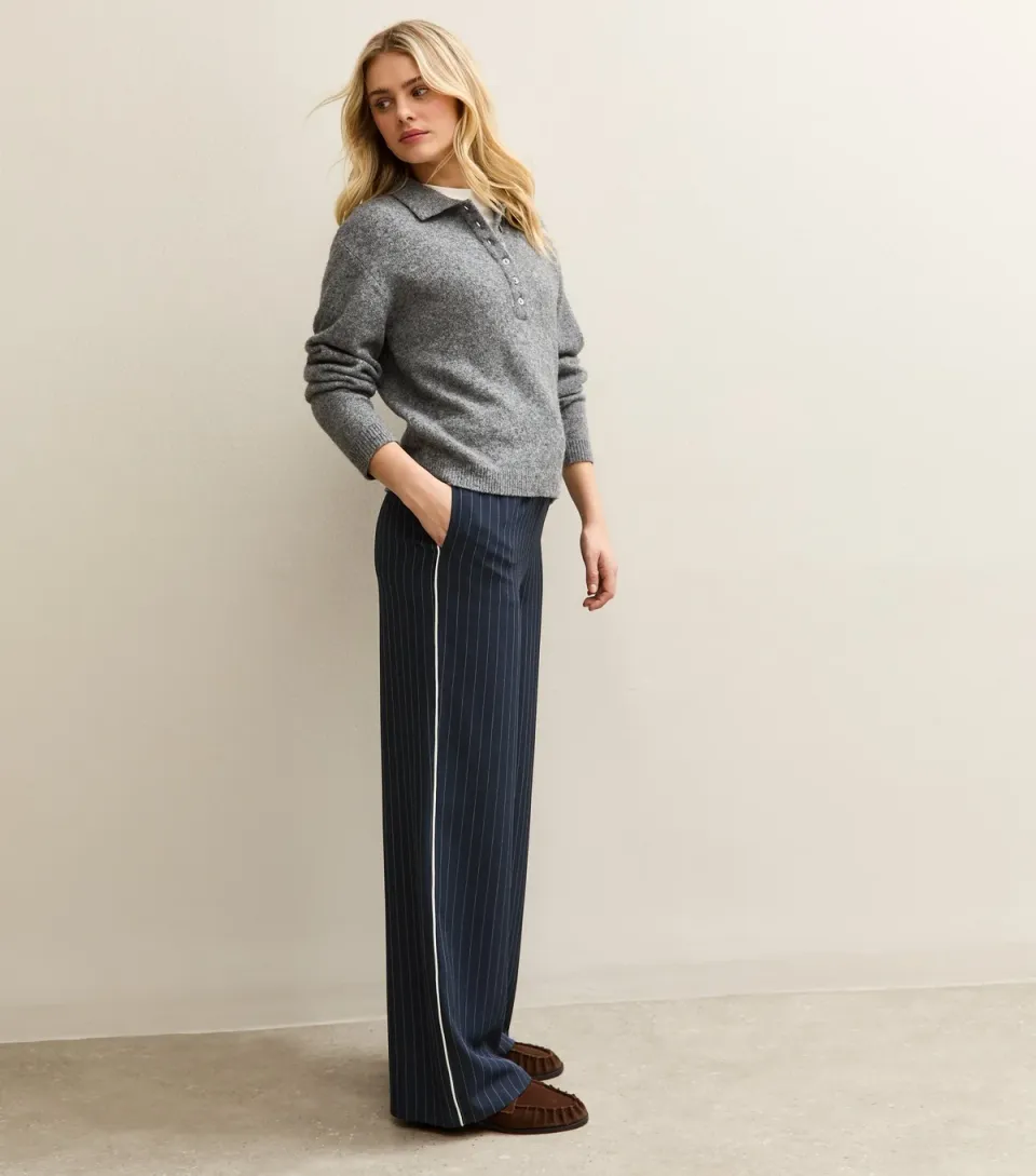 Women's Blue Pinstripe Side Stripe Wide Leg Trousers