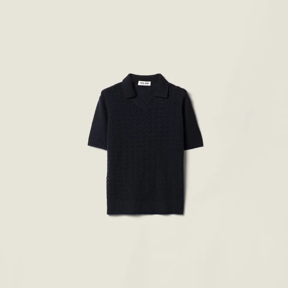 Lace-effect cashmere polo shirt
