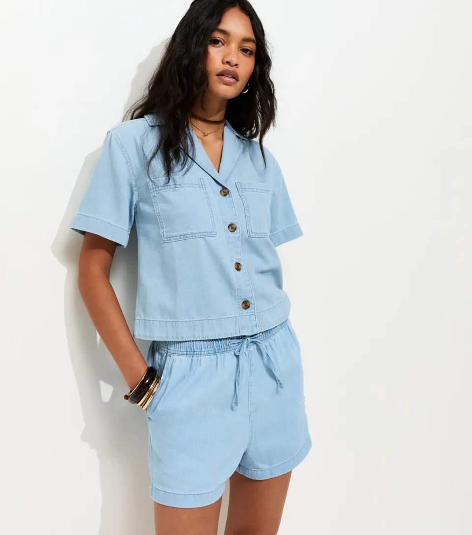 Women's Blue Denim Pull On Drawstring Shorts