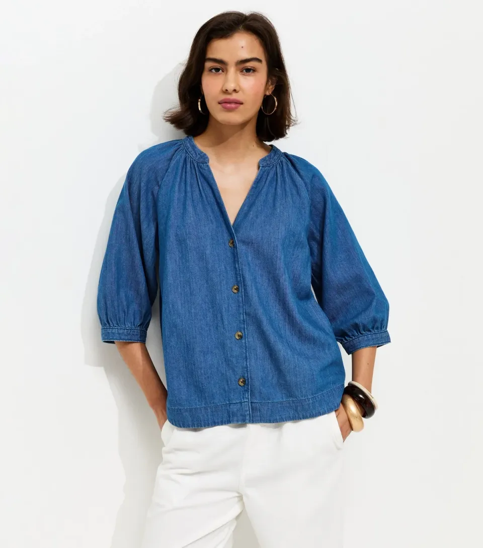 Women's Blue Denim Cropped Sleeve Shirt
