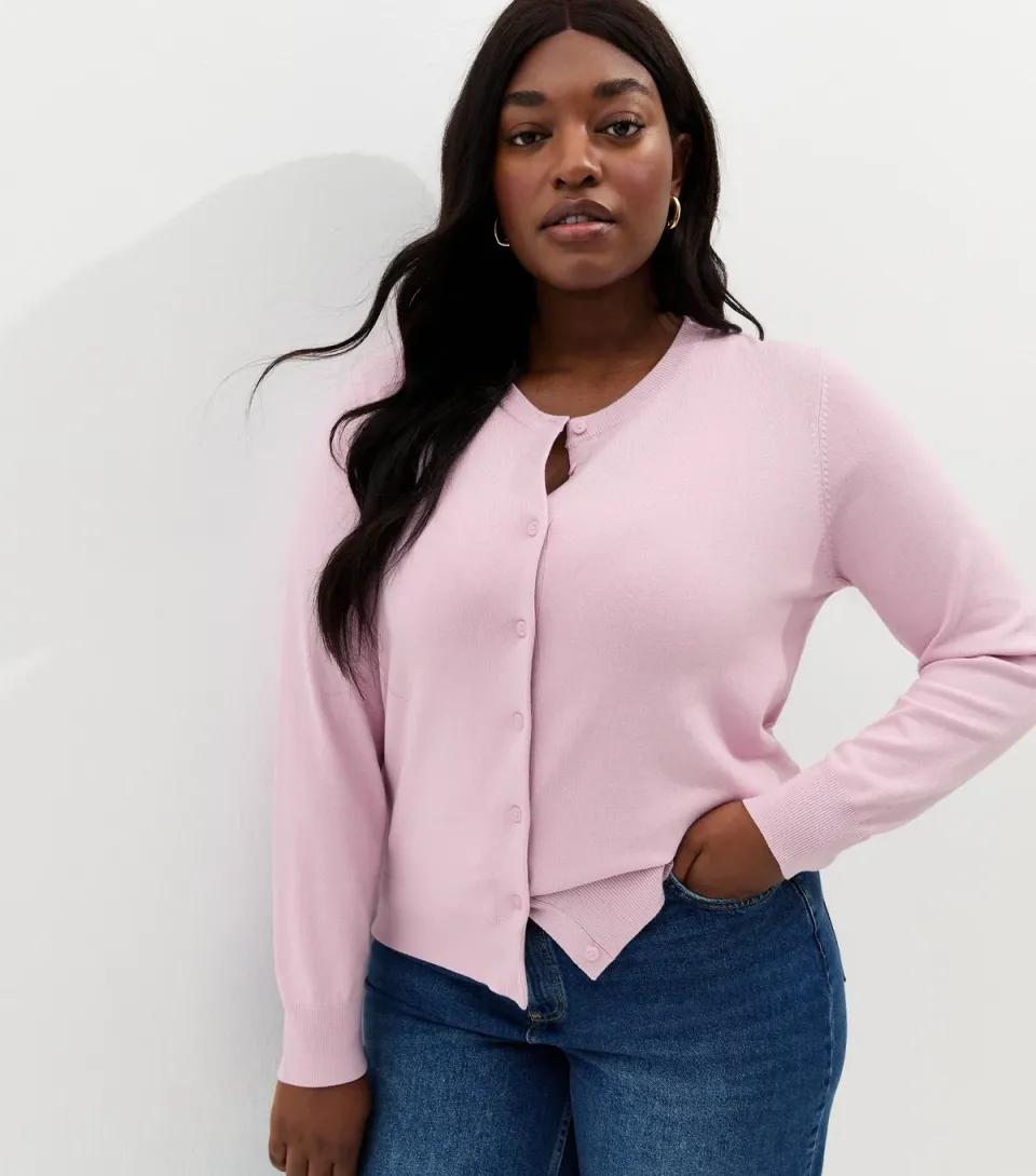 Women's Plus Size Pink Lightweight Crew Neck Cardigan Curves