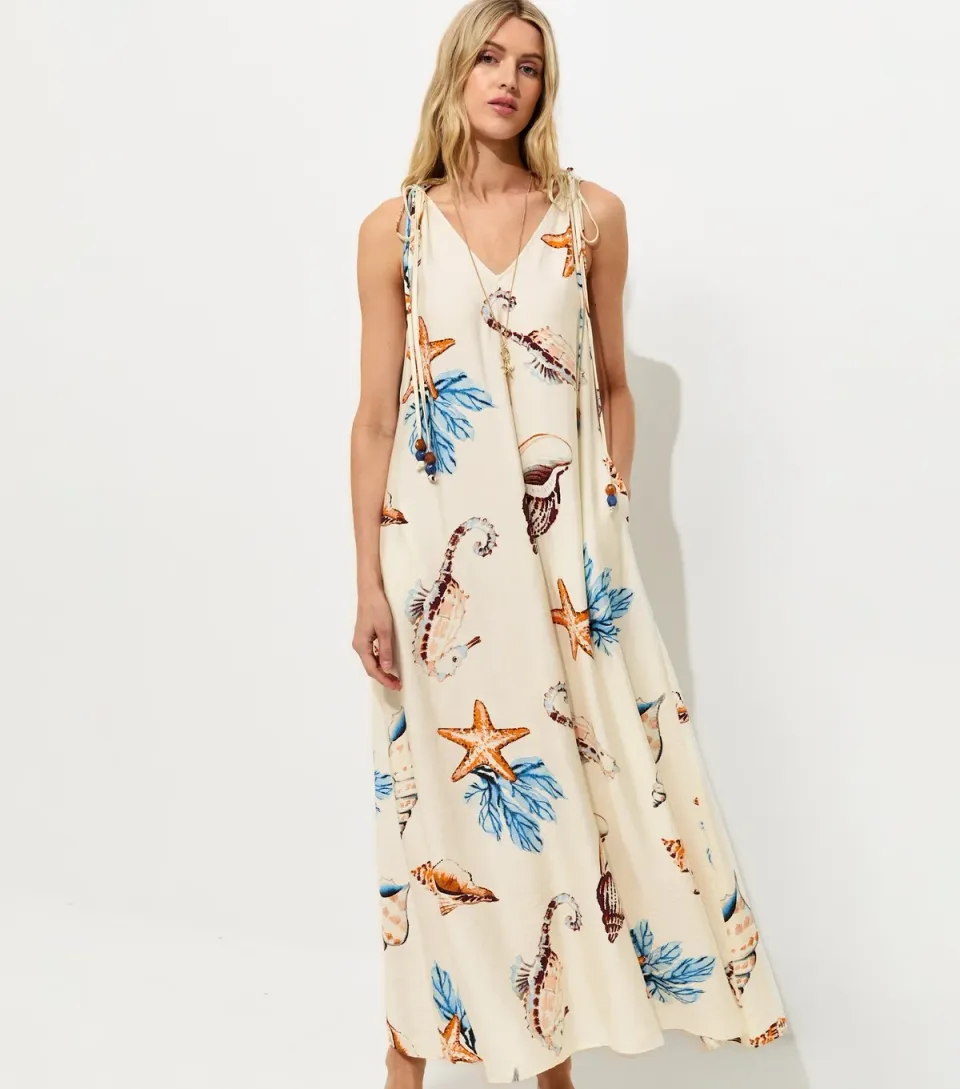 Women's Tall Cream Shell Print Beaded Smock Maxi Dress