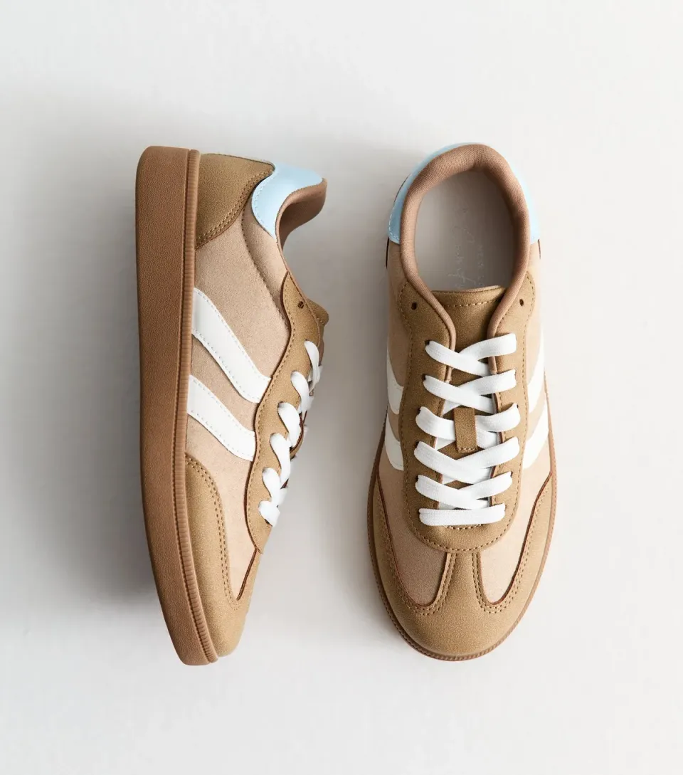 Women's Camel Faux Suede Contrast Panelled Lace Up Trainers Vegan