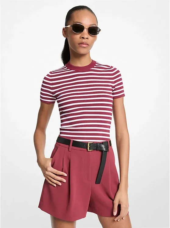 Striped Stretch Knit Short-Sleeve Sweater