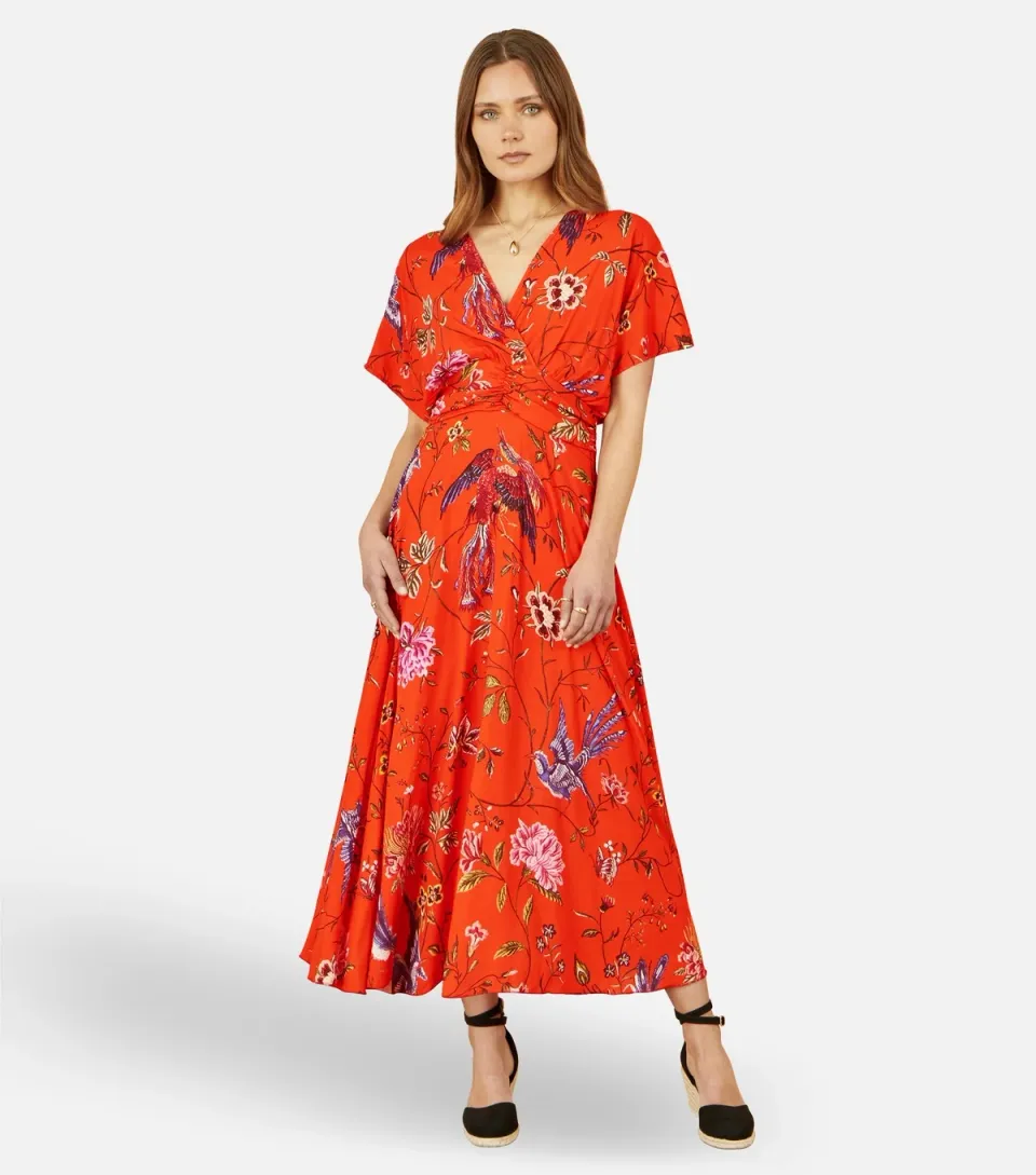 Women's Orange Floral Bird Print Flared Midi Dress