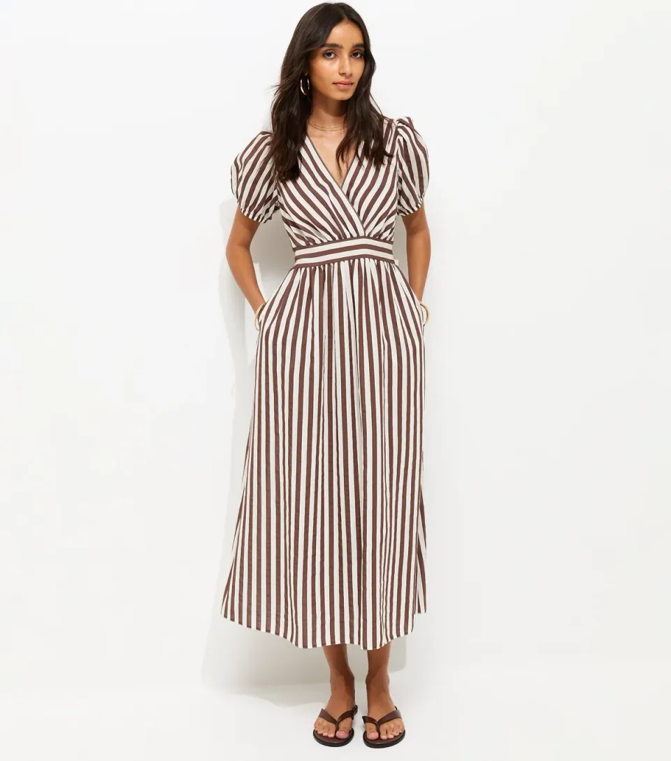 Women's Brown Striped Wrap Midi Dress