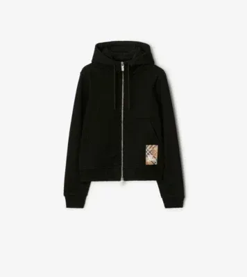 Check Label Cotton Zip Hoodie in Black