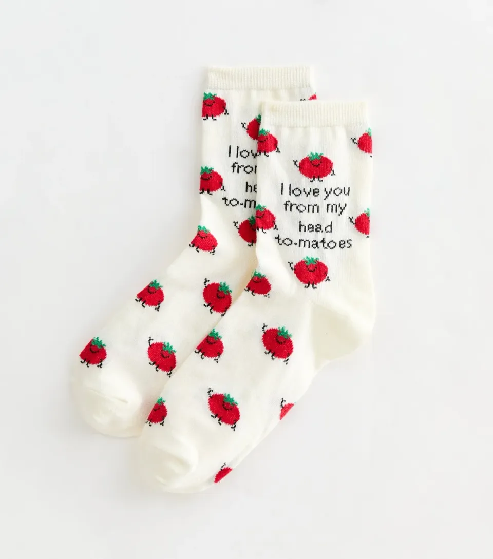 Cream Tomato Patterned Slogan Ankle Socks