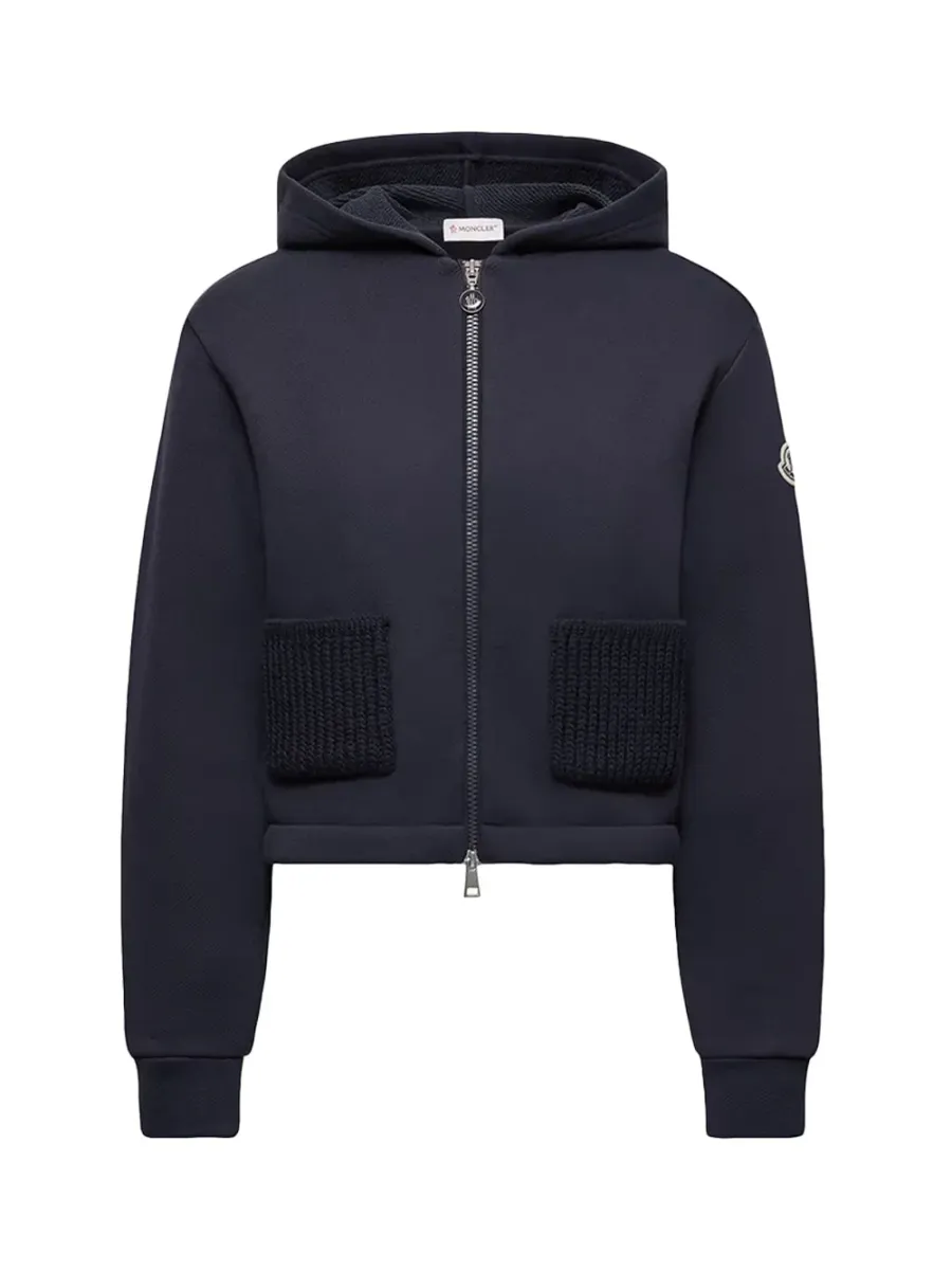 women Knit Accent Cotton Zip-Up Hoodie Navy