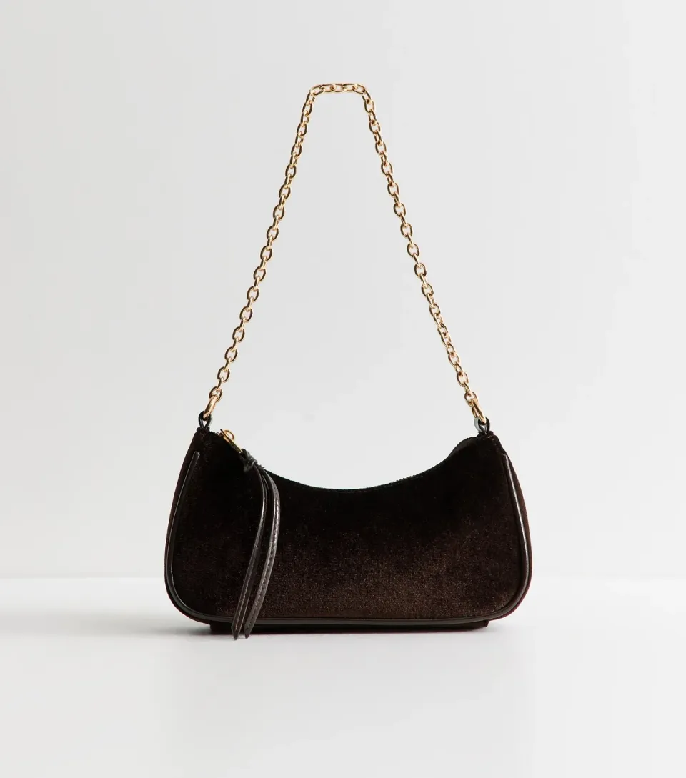 Dark Brown Velvet Chain Link Shoulder Bag