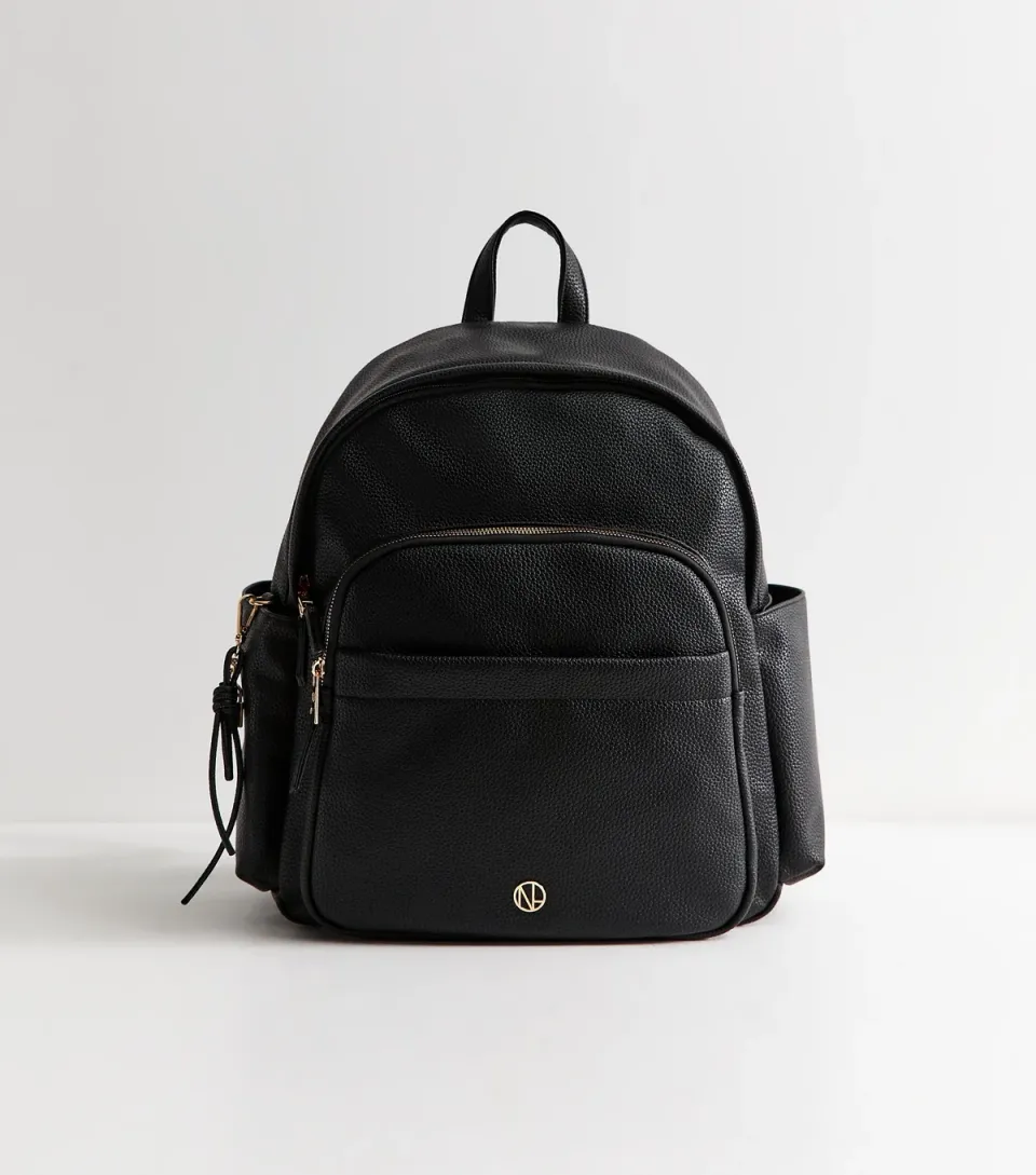Black Faux Leather Front Pocket Backpack School Vegan