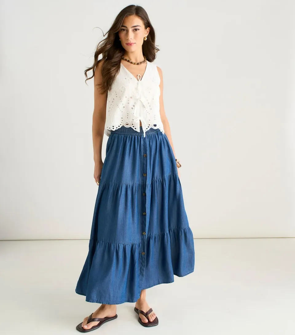 Women's Blue Chambray Tiered Maxi Skirt