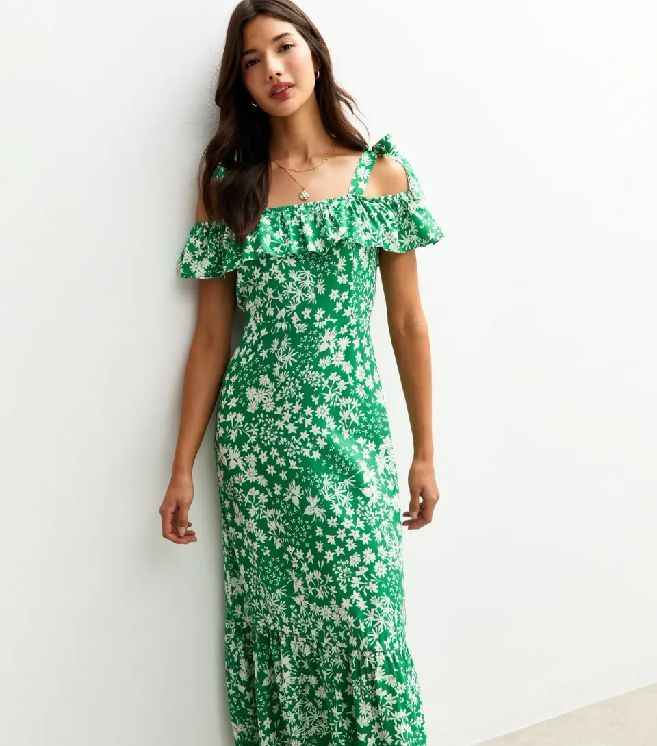 Women's Green Floral Print Shoulder Tie Ruffled Midi Dress