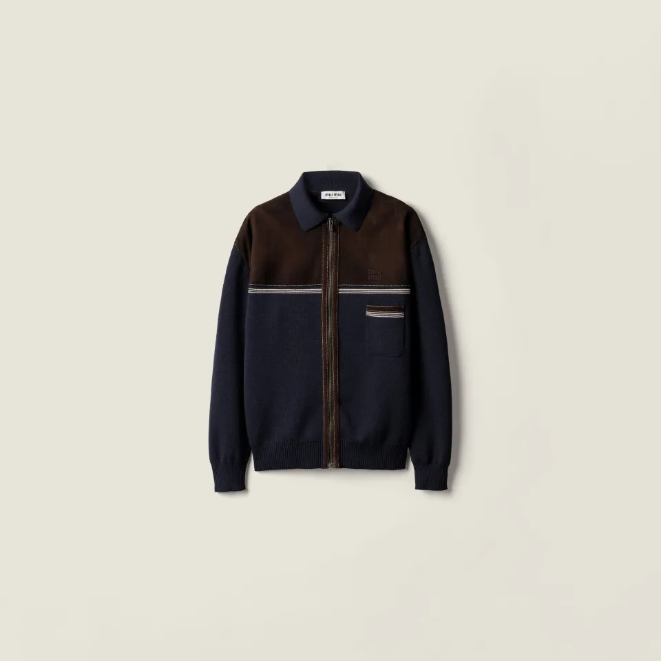 Wool and leather zipper cardigan