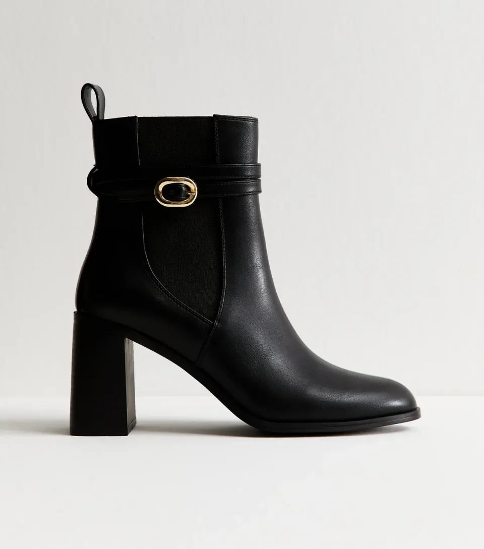 Women's Black Wrap Buckle High Heel Chelsea Boots Vegan