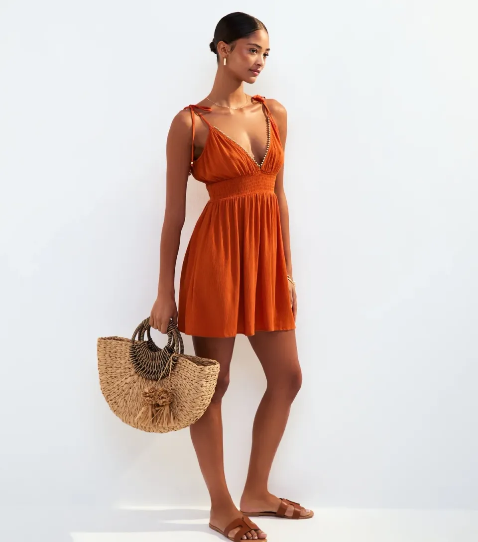 Women's Orange Tie Strap Bead Trim Mini Cover Up Dress