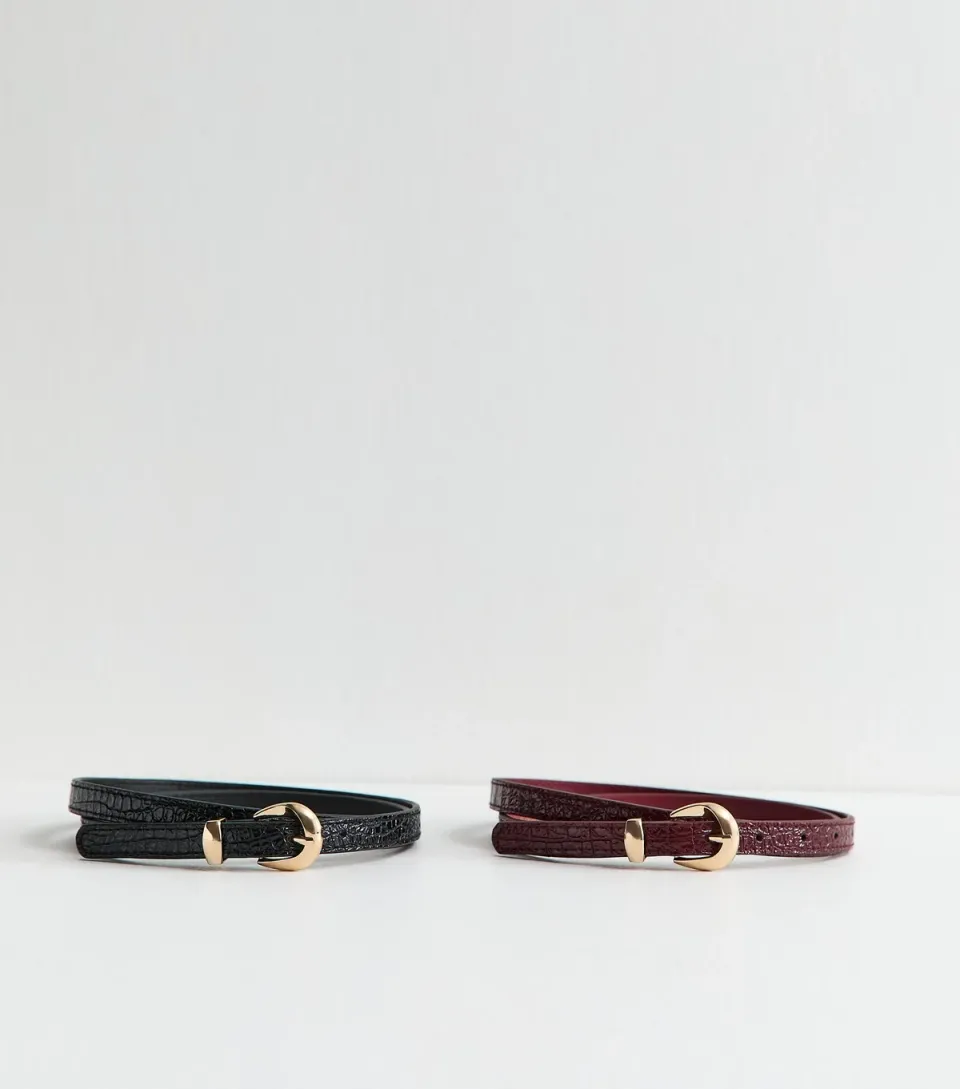 Pack of 2 Black and Burgundy Croc Embossed Crescent Belts