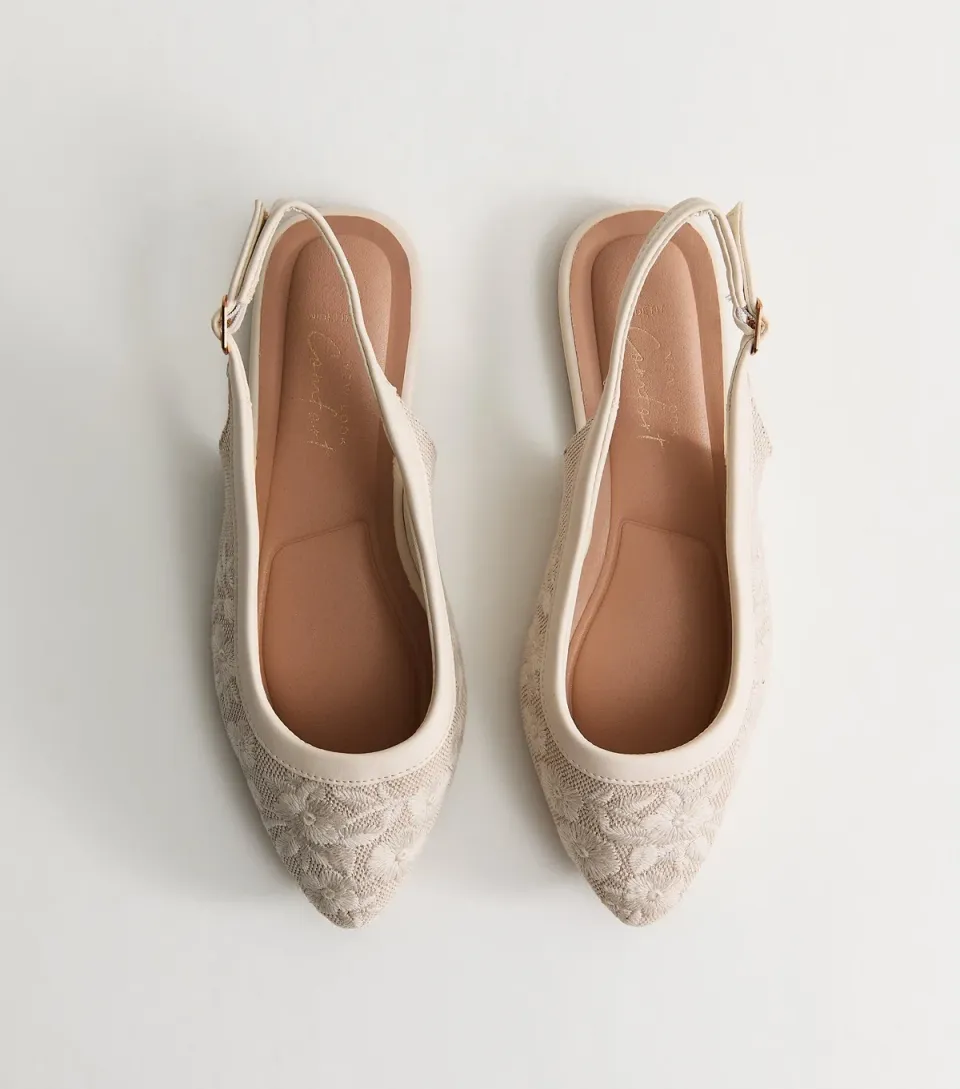 Women's Wide Fit Off White Floral Embroidered Slingback Pumps Vegan