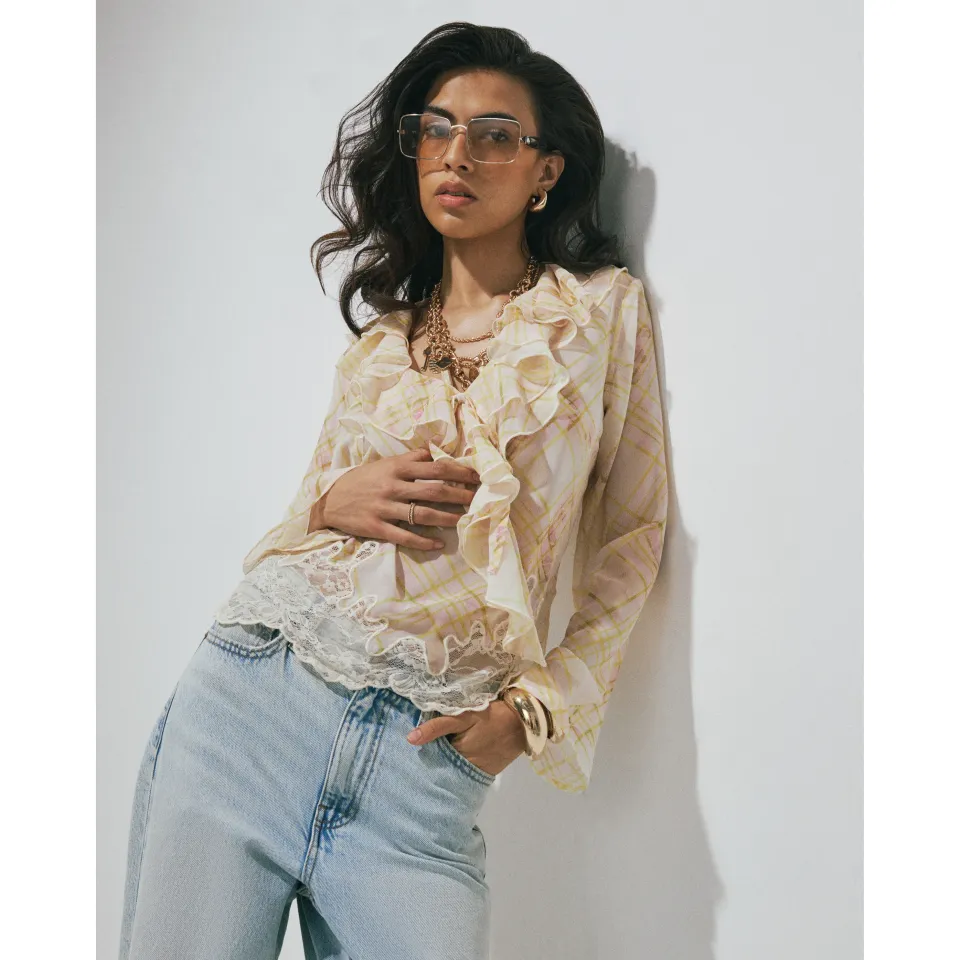 Ruffle Soft Check Blouse