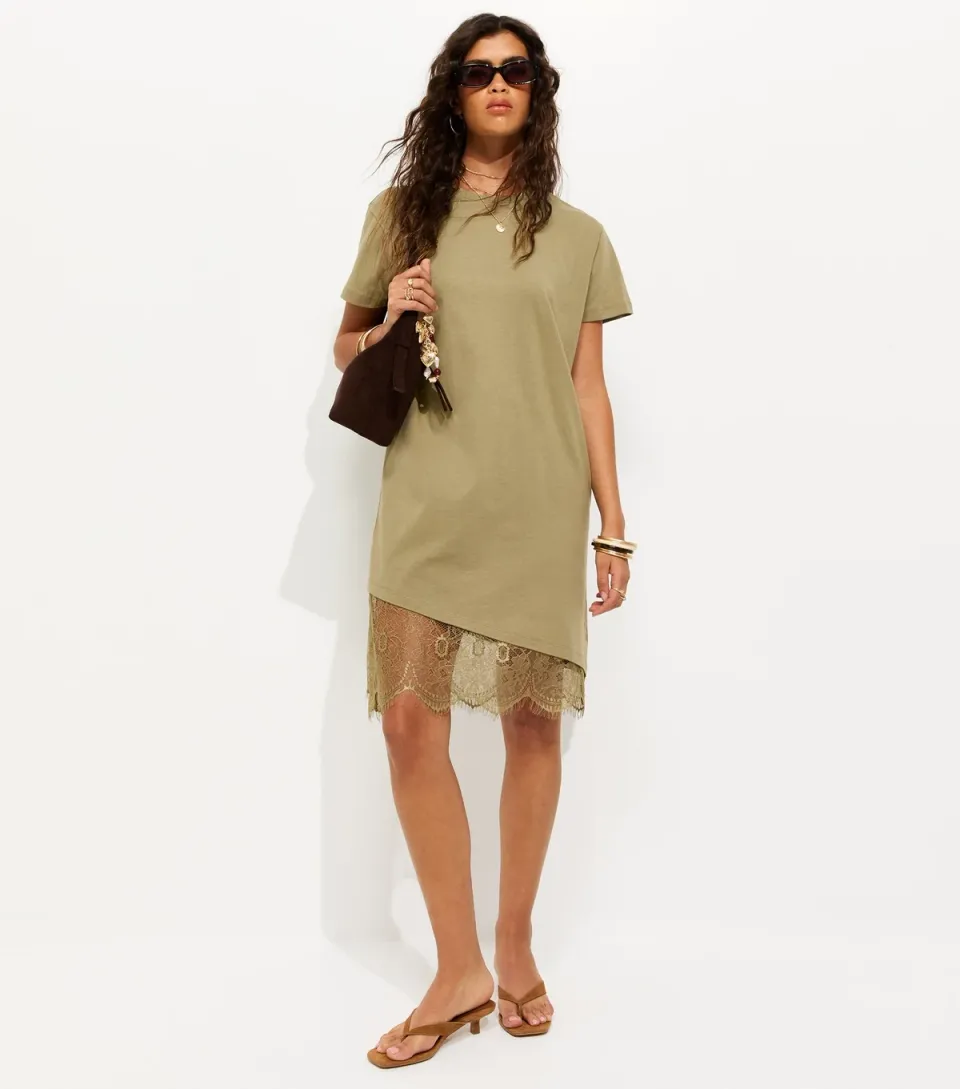 Women's Dark Khaki Cotton Asymmetric Lace Hem Mini Dress