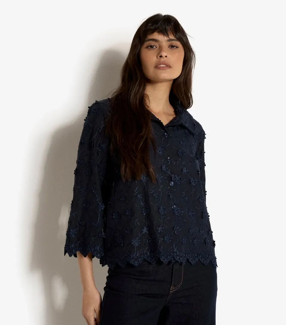 Women's Navy Embroidered Floral Cropped Shirt