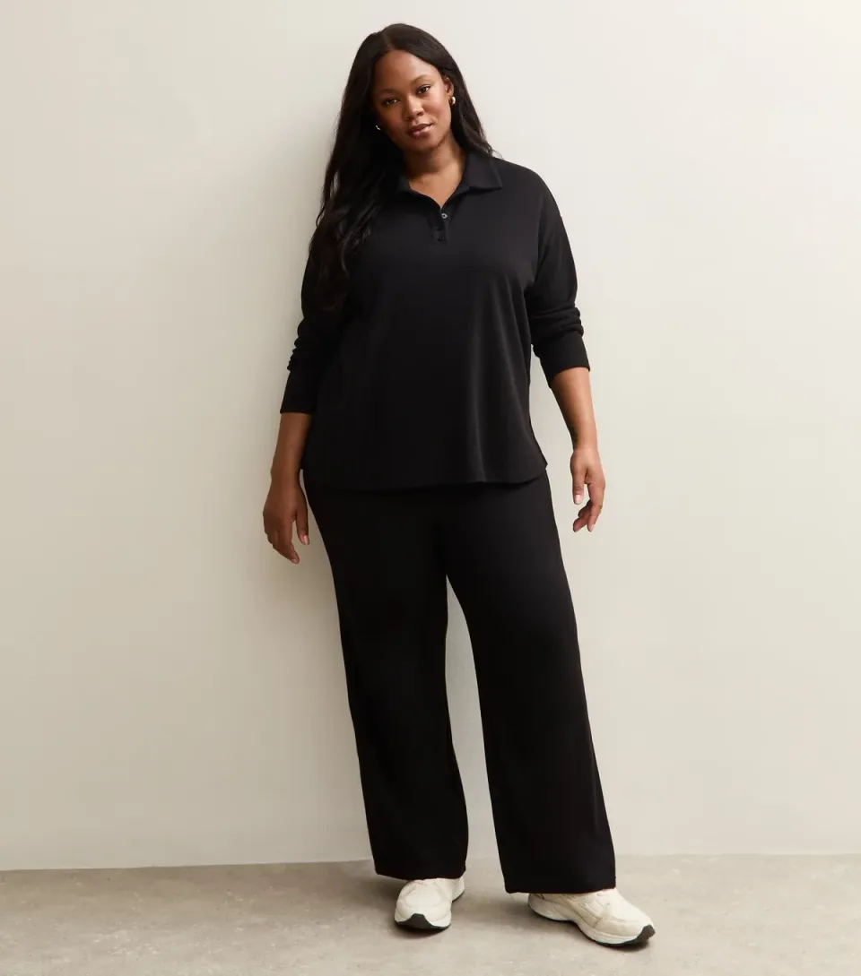 Women's Plus Size Black Soft Touch Wide Leg Trousers Curves