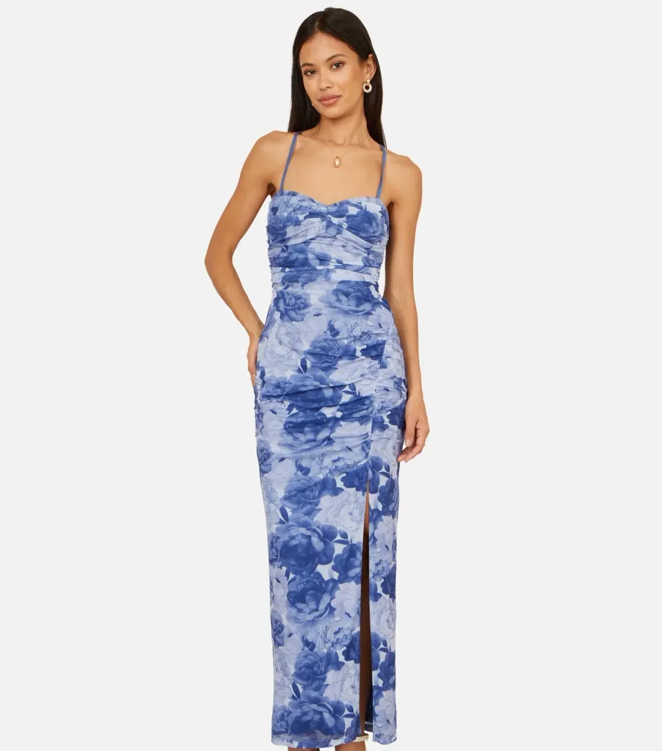 Women's Blue Mesh Ruched Midi Dress