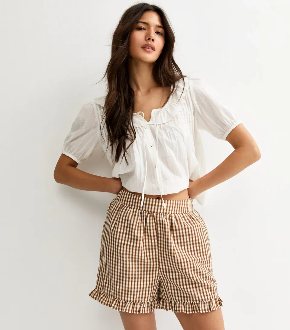 Women's Brown Gingham Frill Shorts