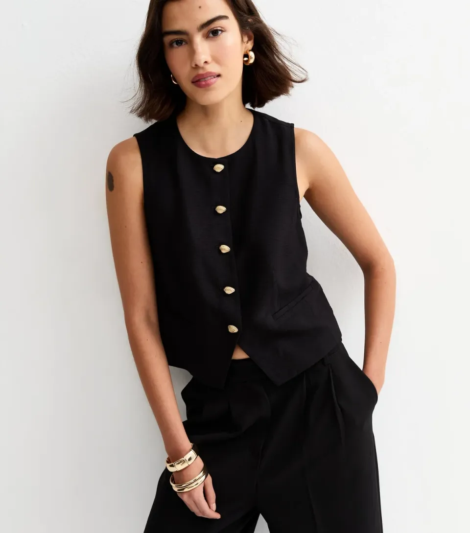 Women's Black Shell Button Waistcoat
