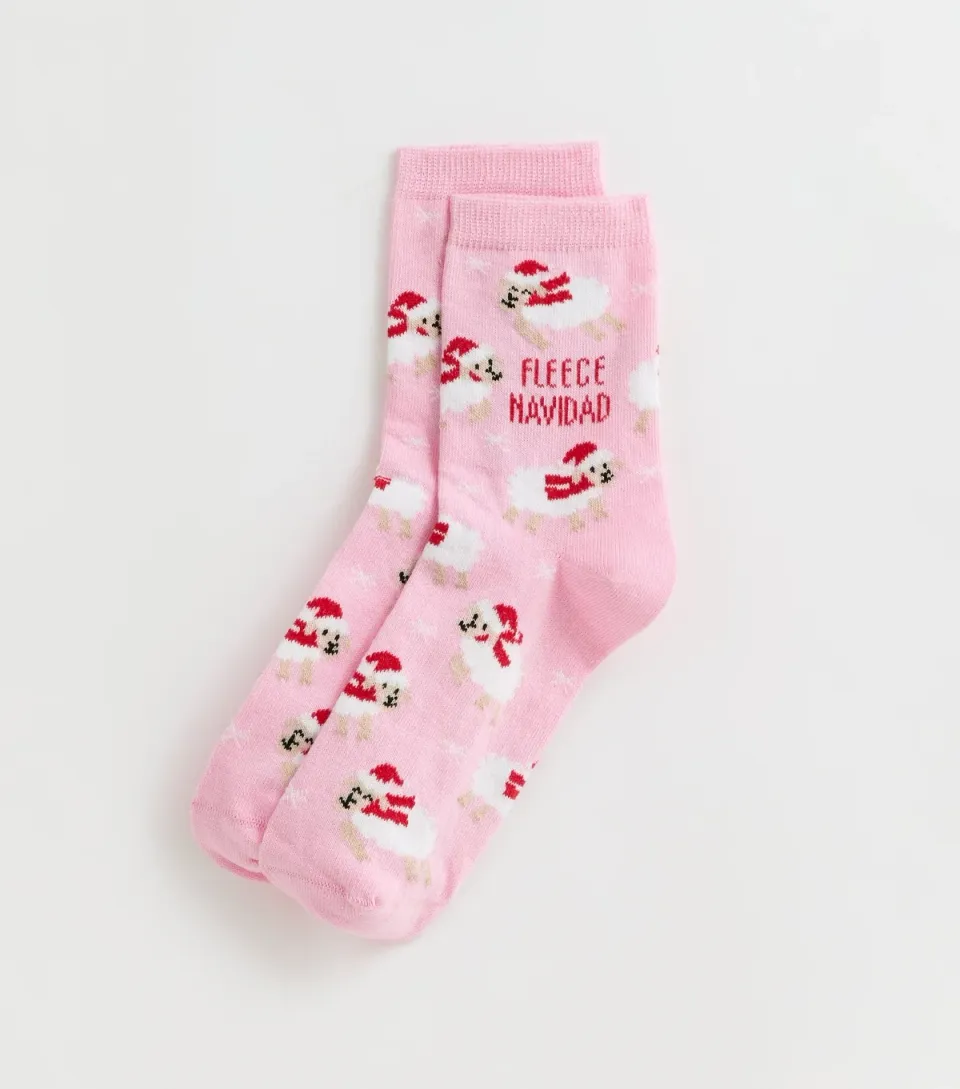 Pink Christmas Fleece Navidad Sheep Pattern Ankle Socks