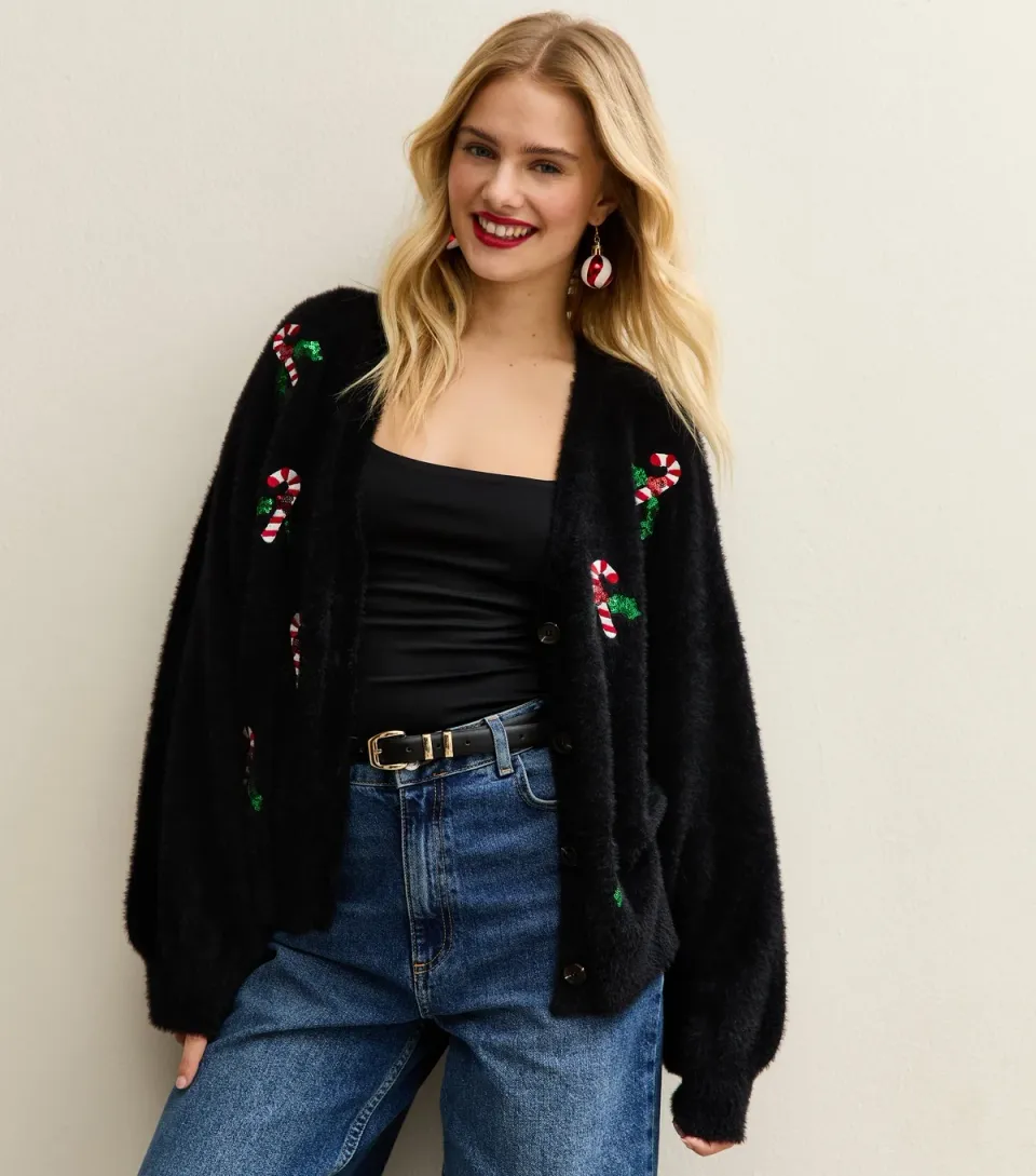 Women's Black Candy Cane Embroidered Cardigan