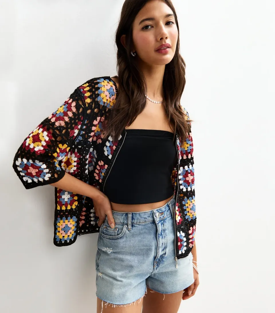 Women's Black Crochet Boxy Bomber Jacket