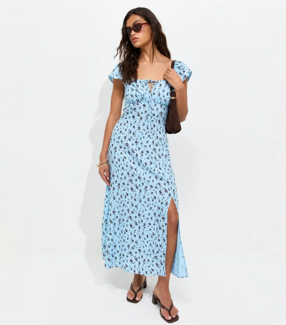 Women's Blue Ditsy Print Lace Trim Square Neck Midi Dress