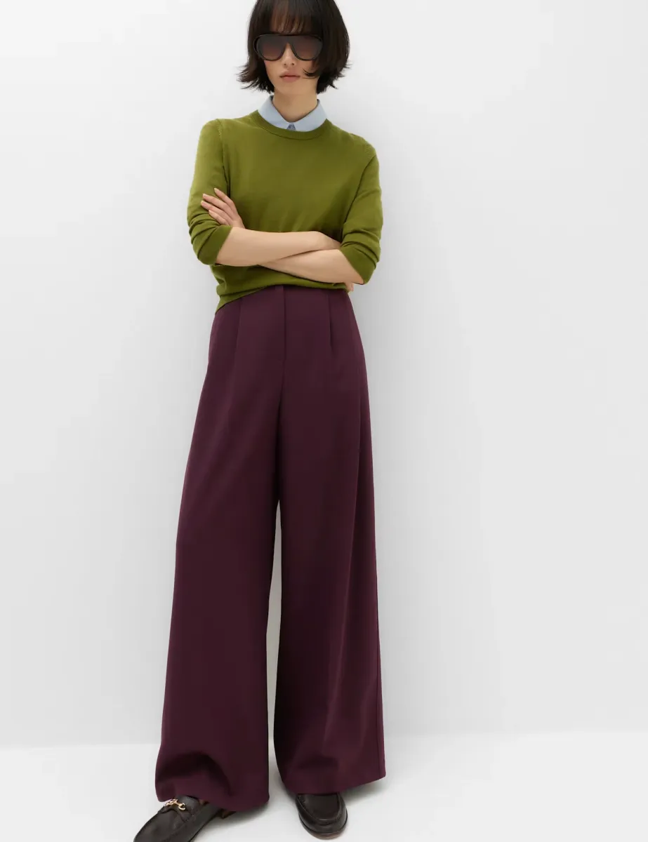 Double Pleated Side Tab Wide Leg Trousers Dark Aubergine