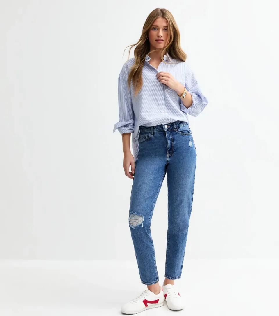 Women's Blue High Waist Ripped Tori Mom Jeans