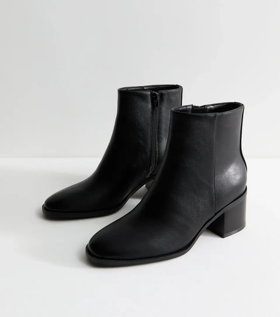Women's Black Faux Leather Almond Toe Block Heel Ankle Boots Vegan