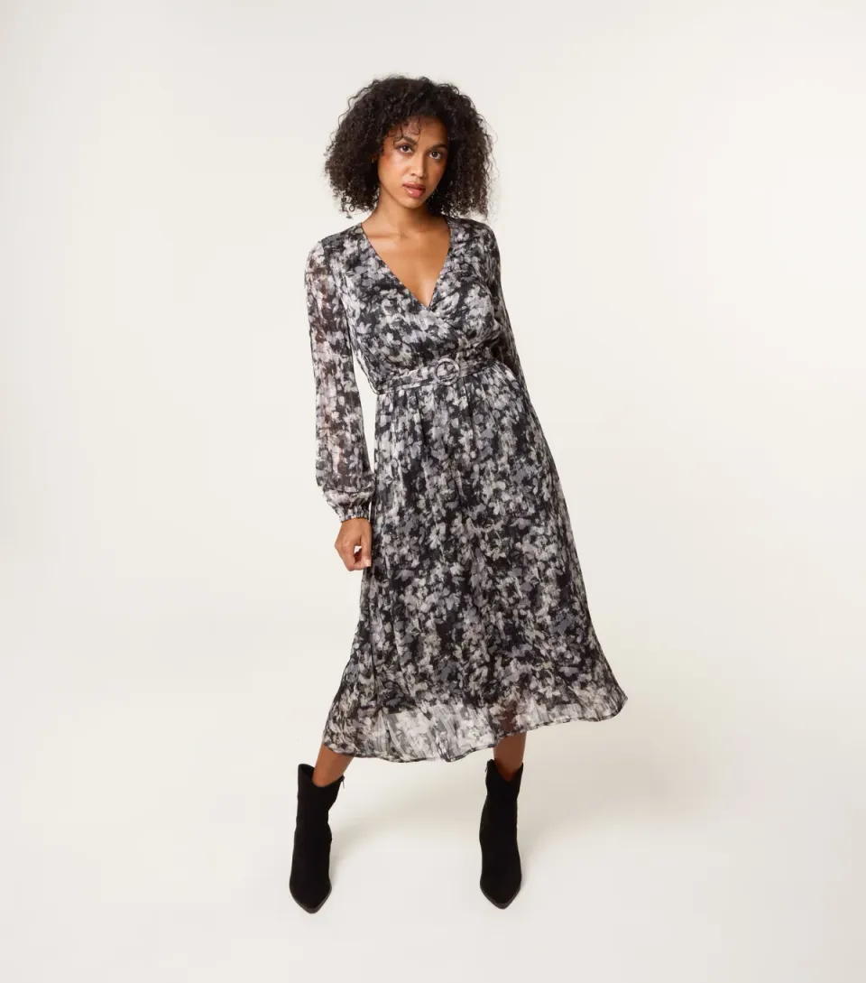 Women's Black Floral Belted Midi Dress