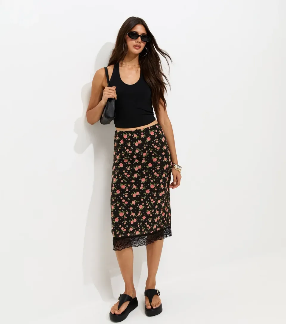 Women's Black Floral Mesh Midi Skirt