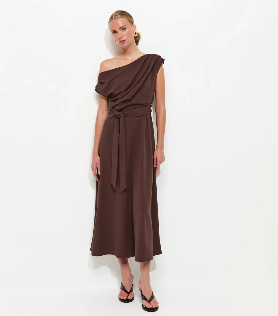 Women's Dark Brown Fallen Shoulder Tie Waist Midi Dress