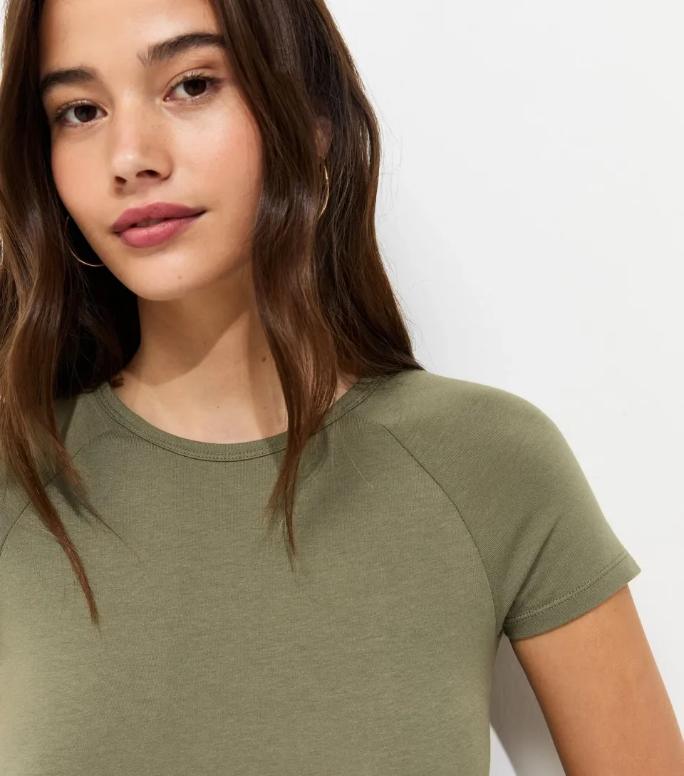 Women's Dark Khaki Cotton Rich Raglan Sleeve Baby Tee