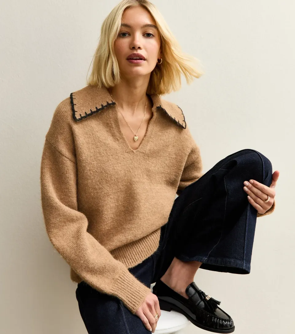Women's Tan Blanket Stitch Collar Jumper